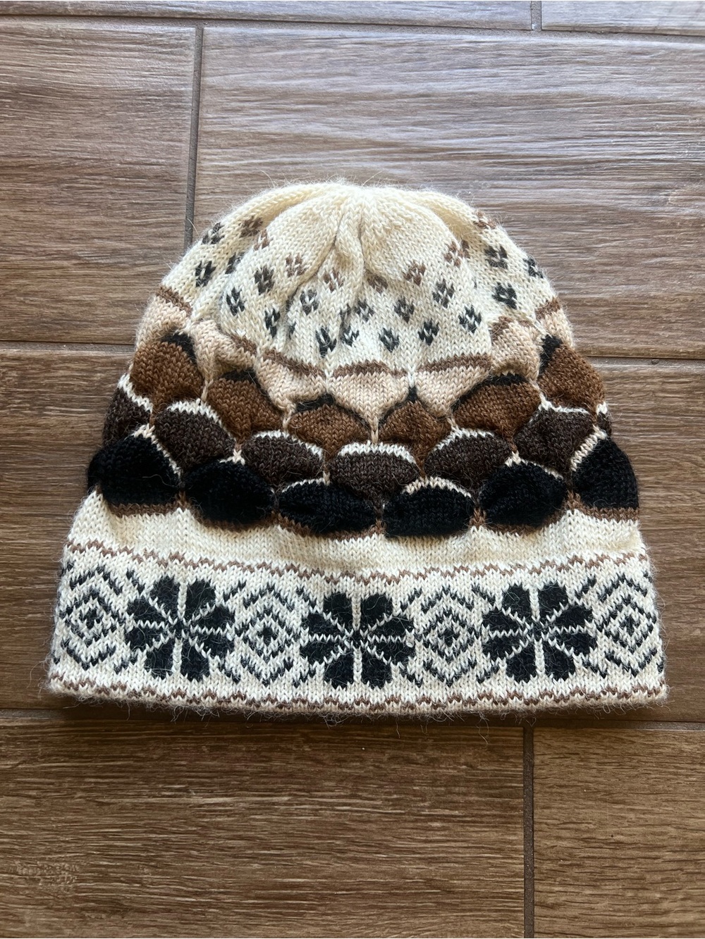 Fair Isle Knit Winter Beanie - Cream, Brown & Black